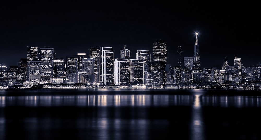 city skyline during night time