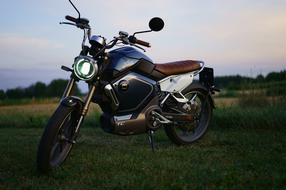 motocicleta negra y marrón en el campo de hierba verde durante el día