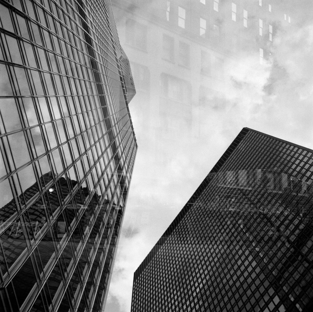 grayscale photo of high rise buildings