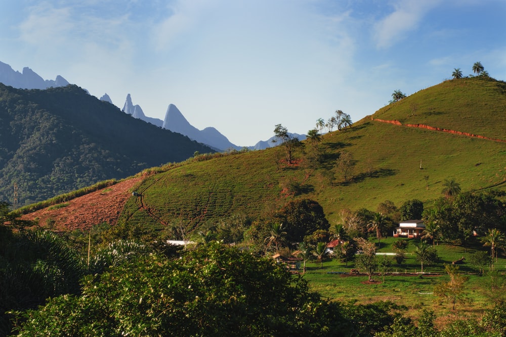 green grass field near mountain under white clouds during daytime