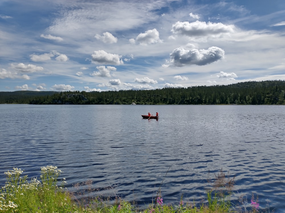 person in red shirt riding on red kayak on lake during daytime