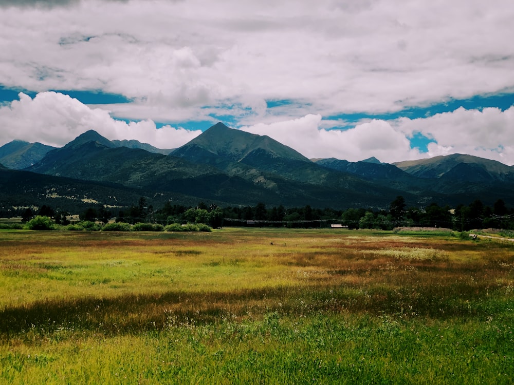 green grass field near mountain under cloudy sky during daytime