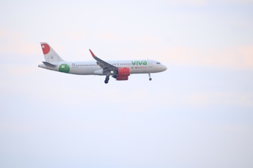 A commercial airplane in flight against a pale sky, featuring the logo and branding of Viva Aerobus on its fuselage and tail. The aircraft has red engines and markings, with visible landing gear extended.