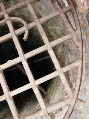A deep well framed by a rusty metal grate covers its opening. The well's interior appears dark and slightly ominous, bordered by rough stone walls.