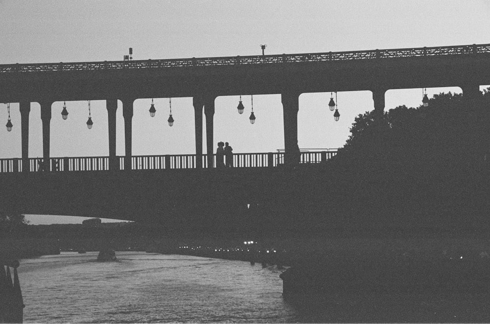 Graustufenfoto der Brücke über Wasser