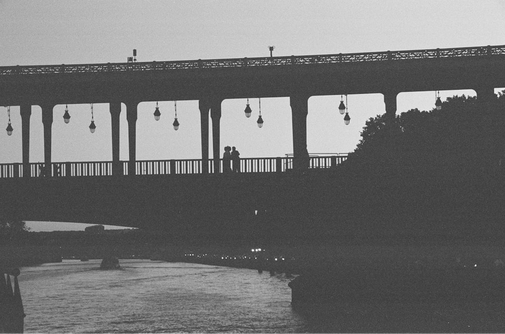 Foto en escala de grises de un puente sobre el agua