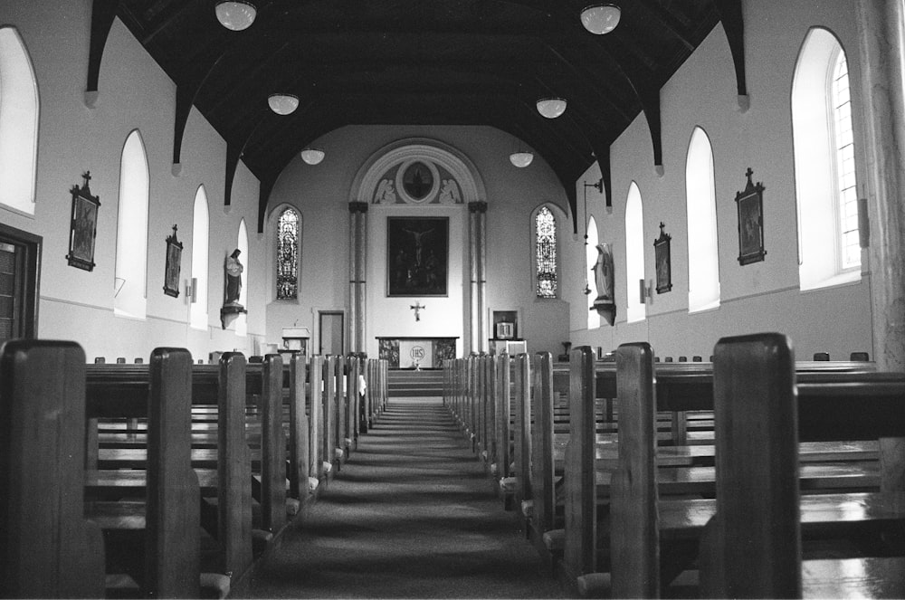 grayscale photo of church interior