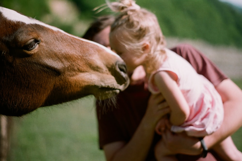 girl in pink jacket feeding brown horse during daytime