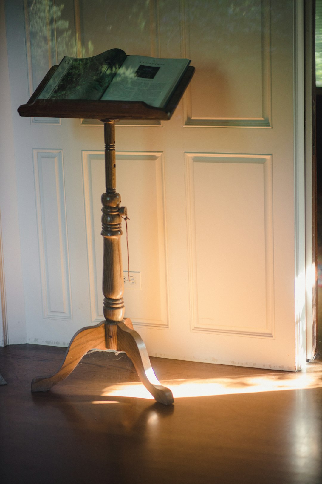 brown wooden table with green table lamp