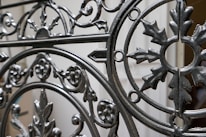Ornate wrought iron gate featuring intricate patterns and designs with a mix of curved and linear elements. The craftsmanship includes floral and leaf motifs, highlighting a vintage or historical style.