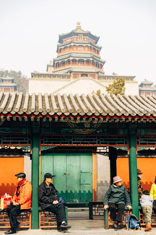 people standing near green and brown wooden building during daytime in Summer Palace China