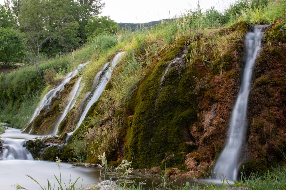 green and brown grass and water falls