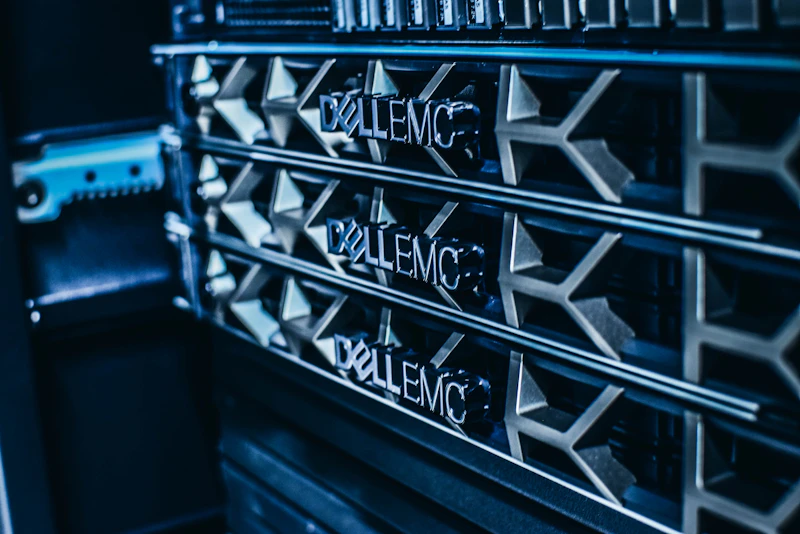 Close-up of server nameplates in a rack