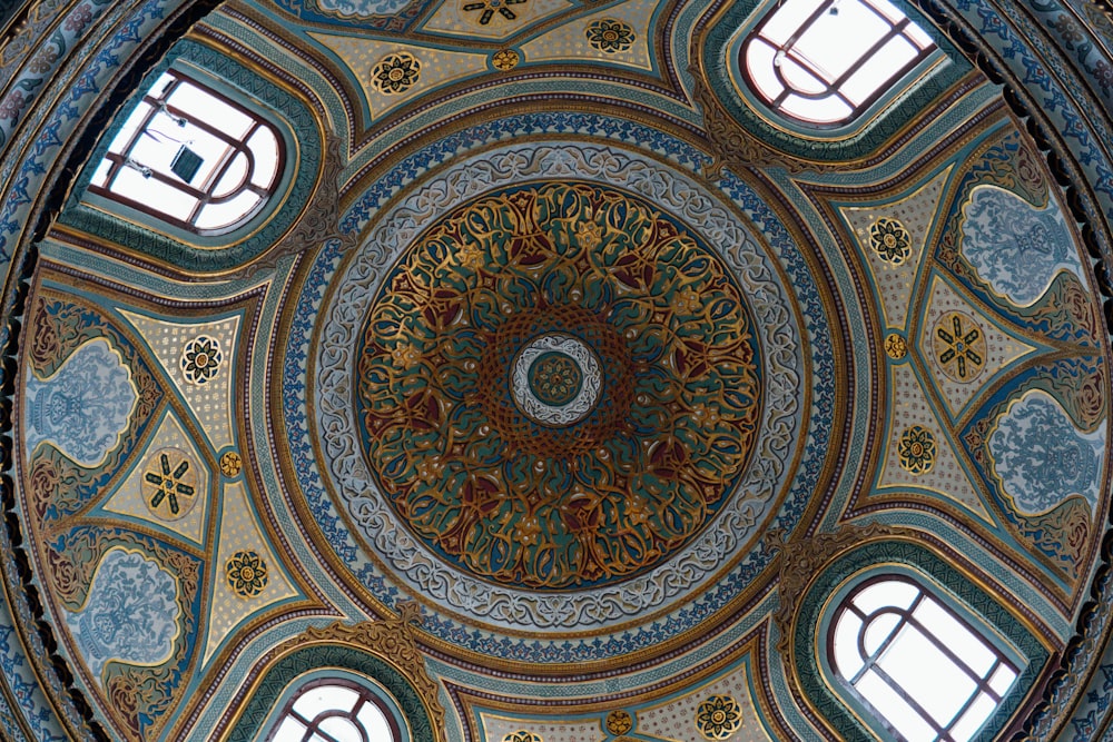 brown and blue floral ceiling