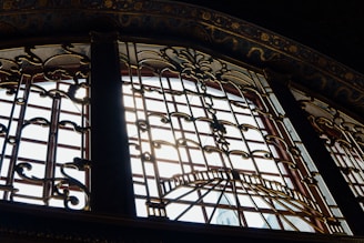 Intricate wrought iron patterns cover a large window, allowing sunlight to filter through and cast shadows on the ornate designs. The window's frame is detailed with elaborate scrollwork and embellishments, surrounded by richly decorated moldings.