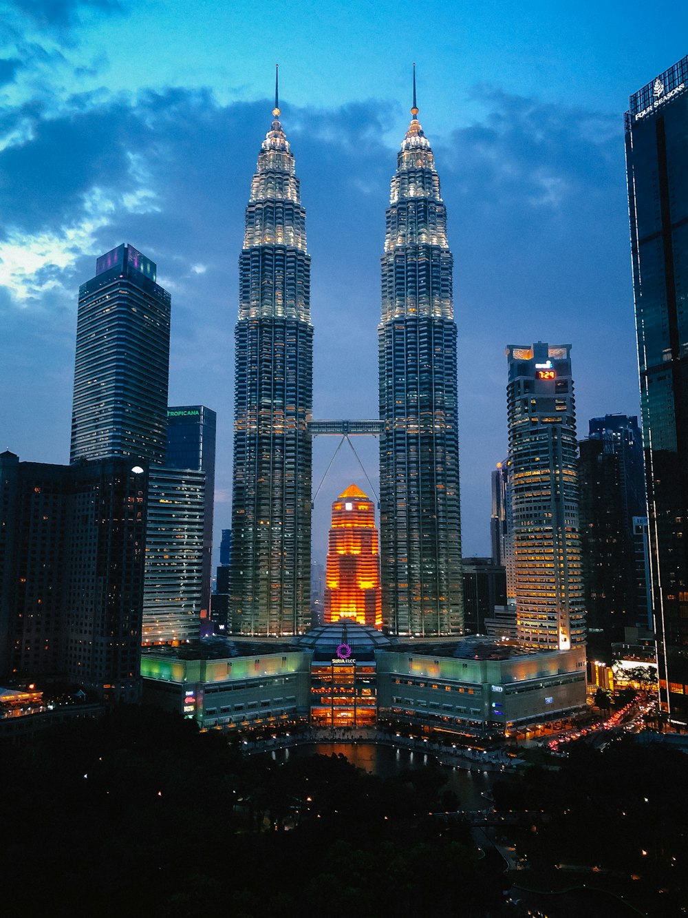 city skyline during night time