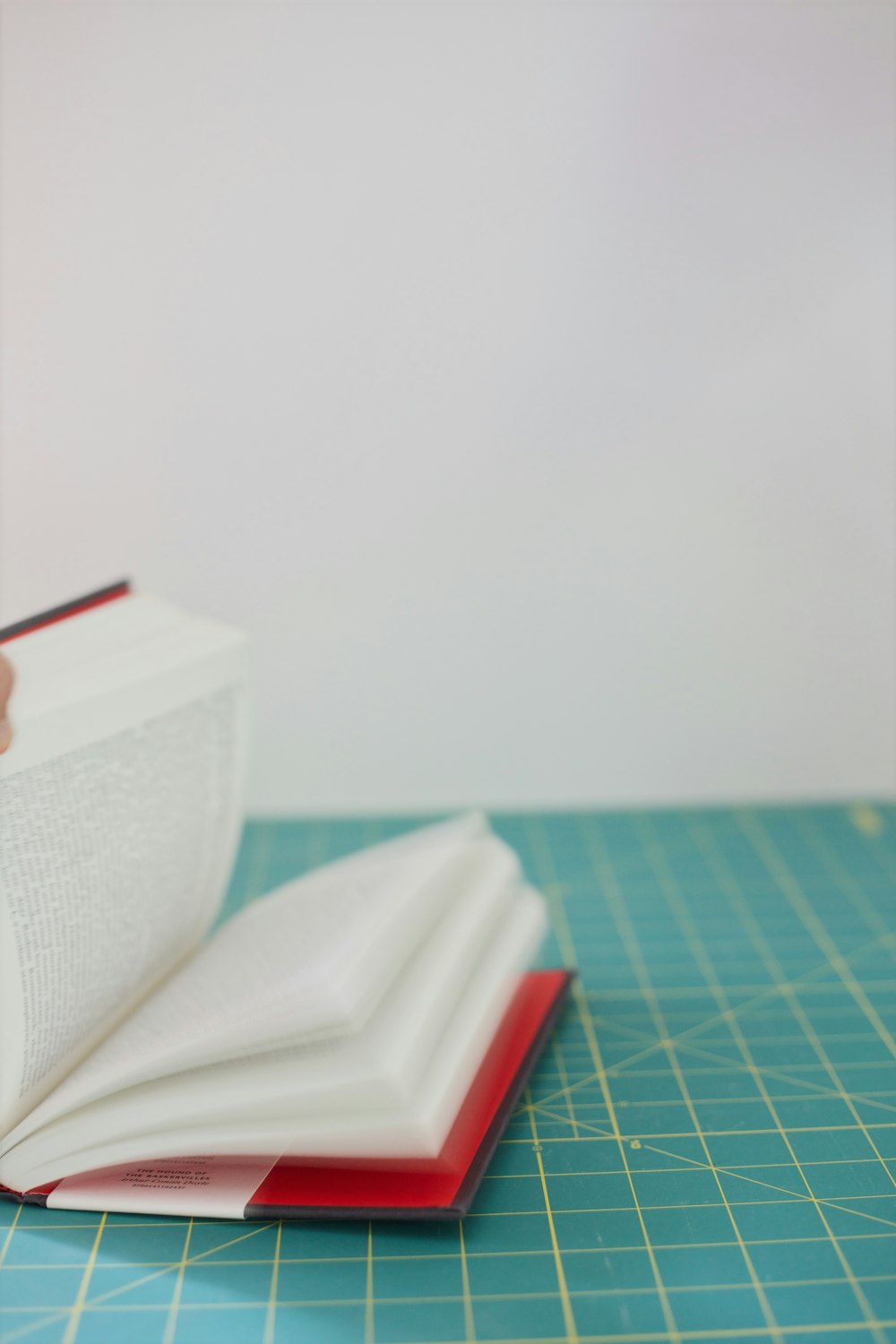 white book on green and white checkered textile