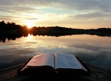 blue book on brown wooden table near lake during sunset