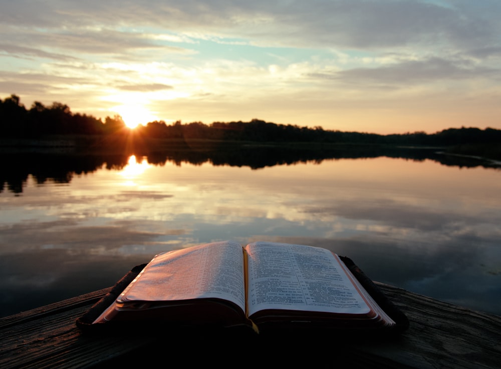 blue book on brown wooden table near lake during sunset