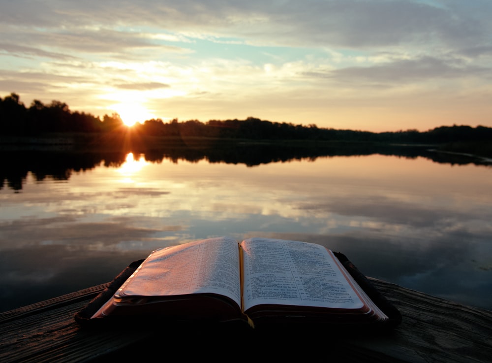 Blaues Buch auf braunem Holztisch in der Nähe des Sees während des Sonnenuntergangs