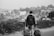 A person is walking along a path with two rolling suitcases. The person is wearing a backpack and is seen from behind, facing a view of a town or small city with numerous houses and trees in the background. The scene suggests travel or movement towards a destination.