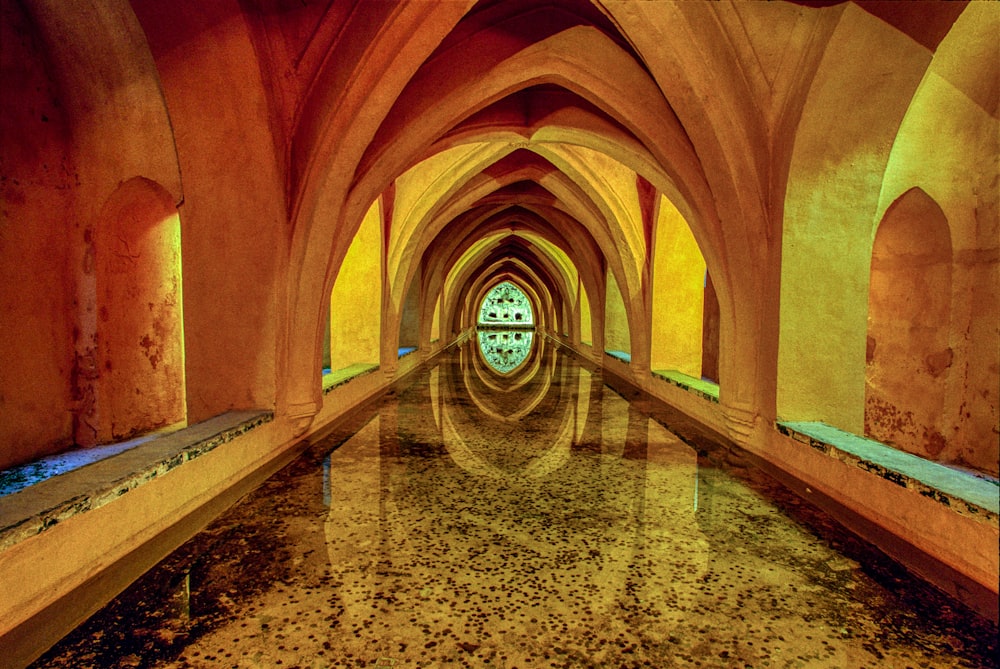 brown and beige tunnel with light