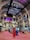 The interior of a large, ornately designed building with arched ceilings and intricate architectural details. The space features gaming machines lined up along the floor, under a high ceiling with a grid pattern. Lighting in purple and white tones enhances the ambiance.