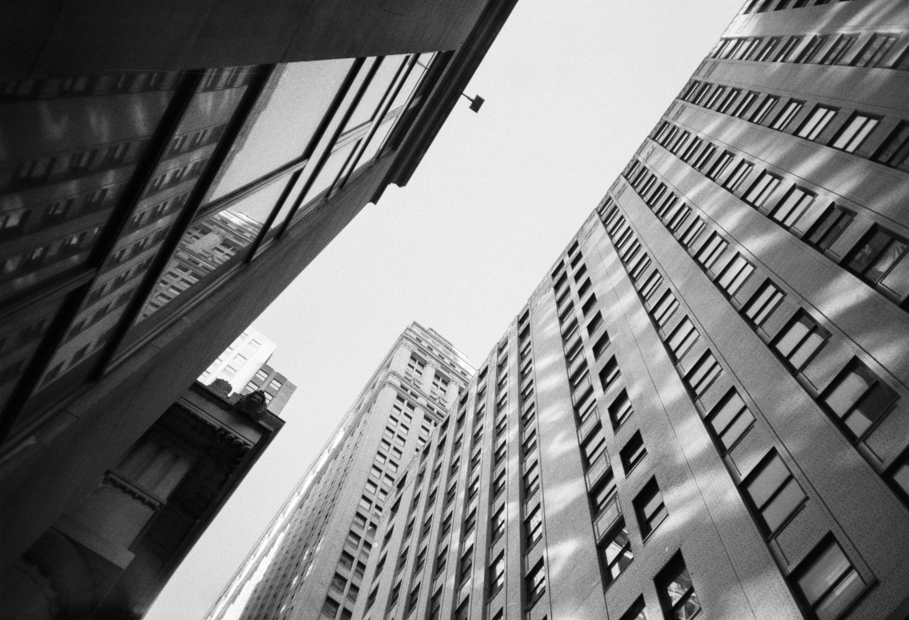 고층 건물의 그레이스케일 사진