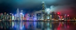 city skyline across body of water during night time