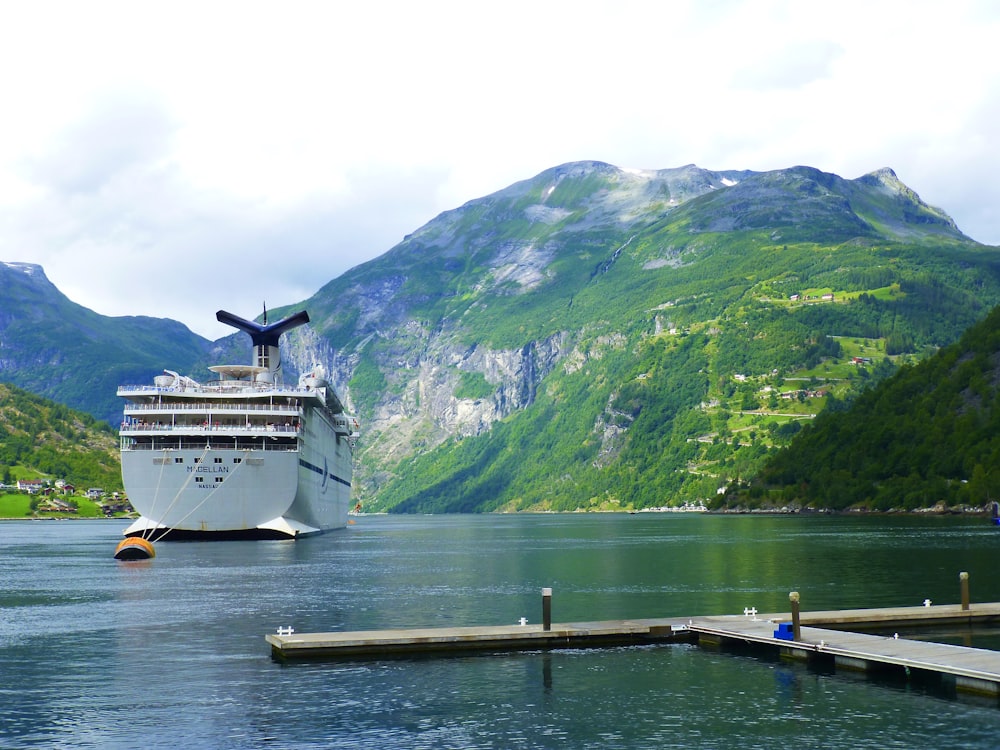 white cruise ship on sea near green mountain during daytime