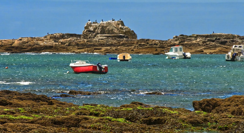 red and white boat on brown rock formation during daytime