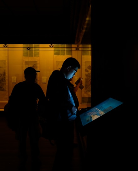 In a dimly lit room, two silhouetted figures stand near an interactive display screen emitting a pale blue light. The background is illuminated by a warm, yellowish glow coming from framed displays on the wall.