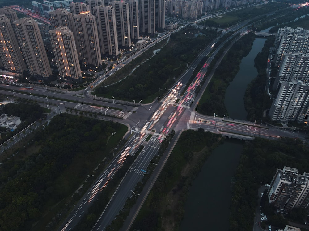 aerial view of city buildings during night time