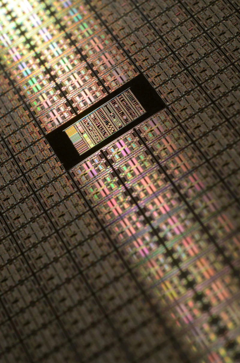 Semiconductor wafer with intricate microchip patterns and iridescent circuit layers