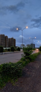Evening shot of plots with streetlights and green belts lining the roads.