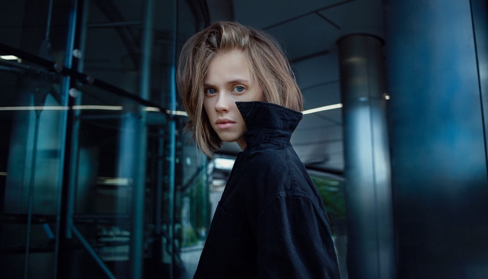 woman in black leather jacket