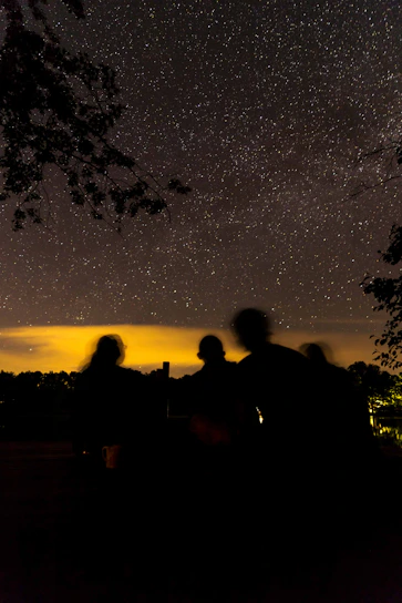 A group of shadowed figures standing under a vast night sky filled with swirling stars and cosmic light.