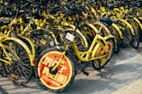 A large cluster of yellow rental bicycles with black handlebars is tightly packed together. The front wheel of each bike is covered with a red circular plate displaying white text, with some writing visible. They are parked on a paved surface.