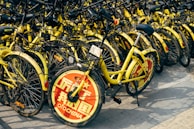 A large cluster of yellow rental bicycles with black handlebars is tightly packed together. The front wheel of each bike is covered with a red circular plate displaying white text, with some writing visible. They are parked on a paved surface.