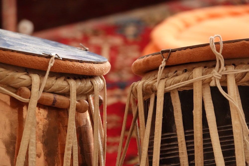 brown and white drum set