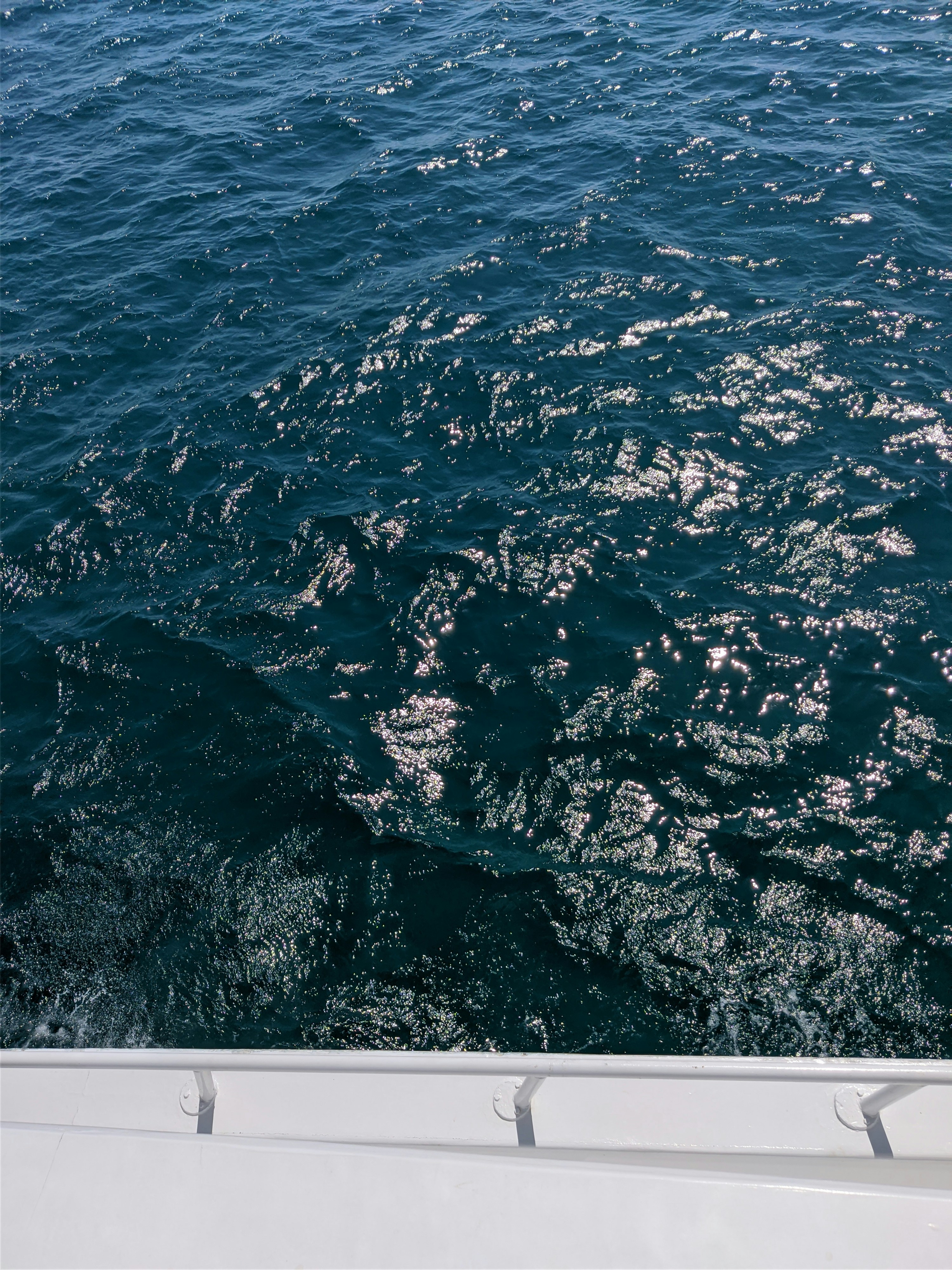 Bright blue ocean with small waves seen from the boat deck