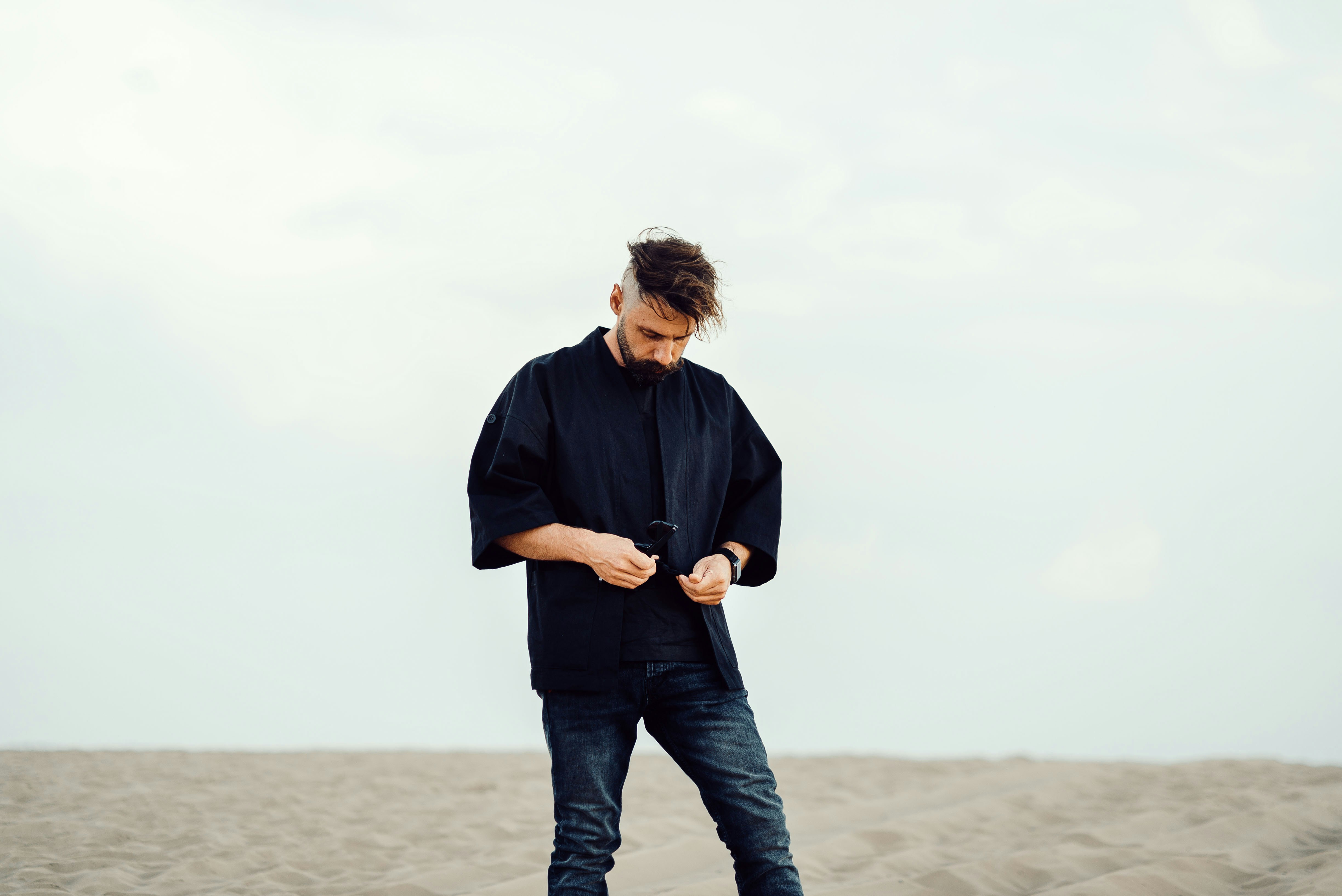 black dress shirt blue jeans