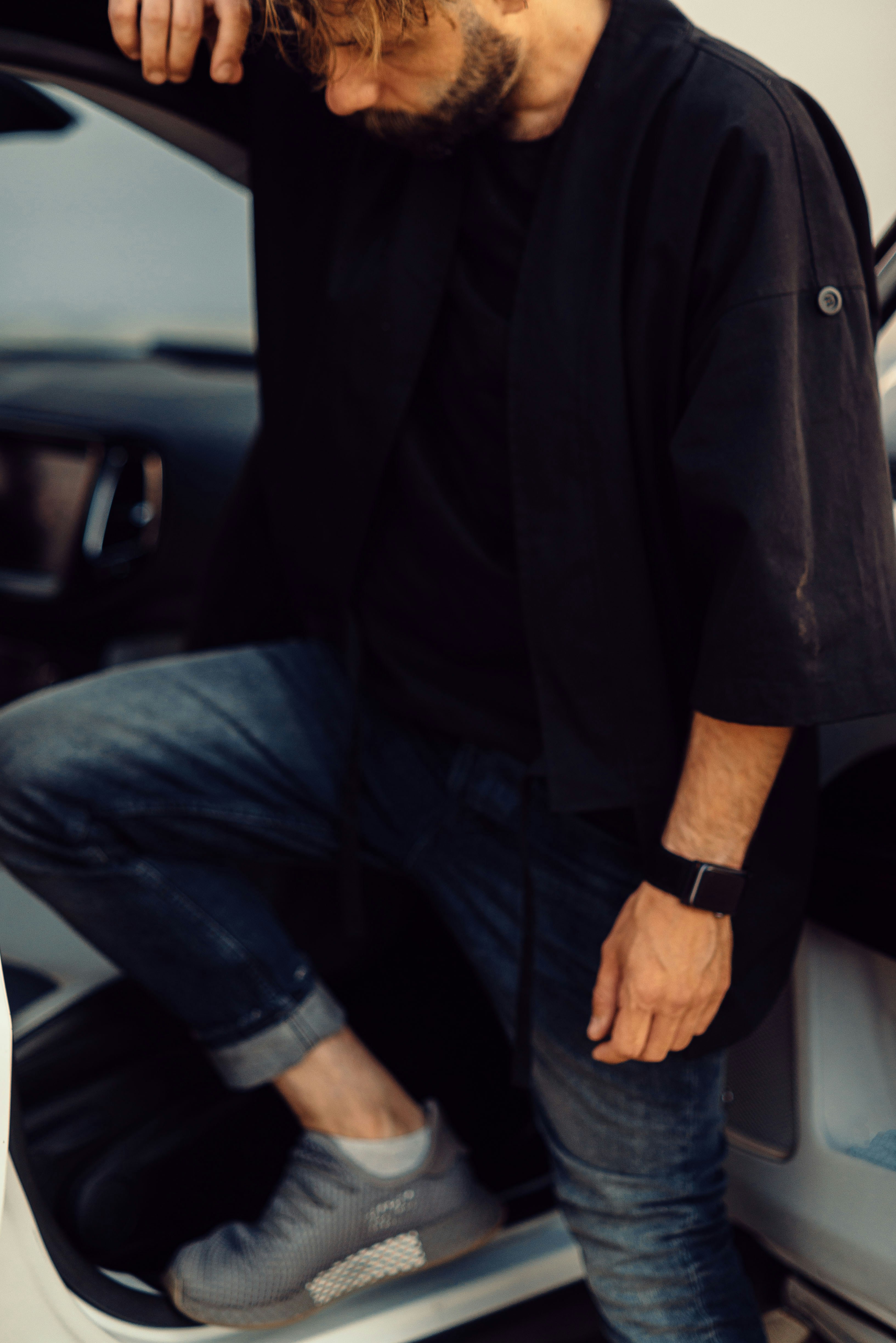 black button up with blue jeans