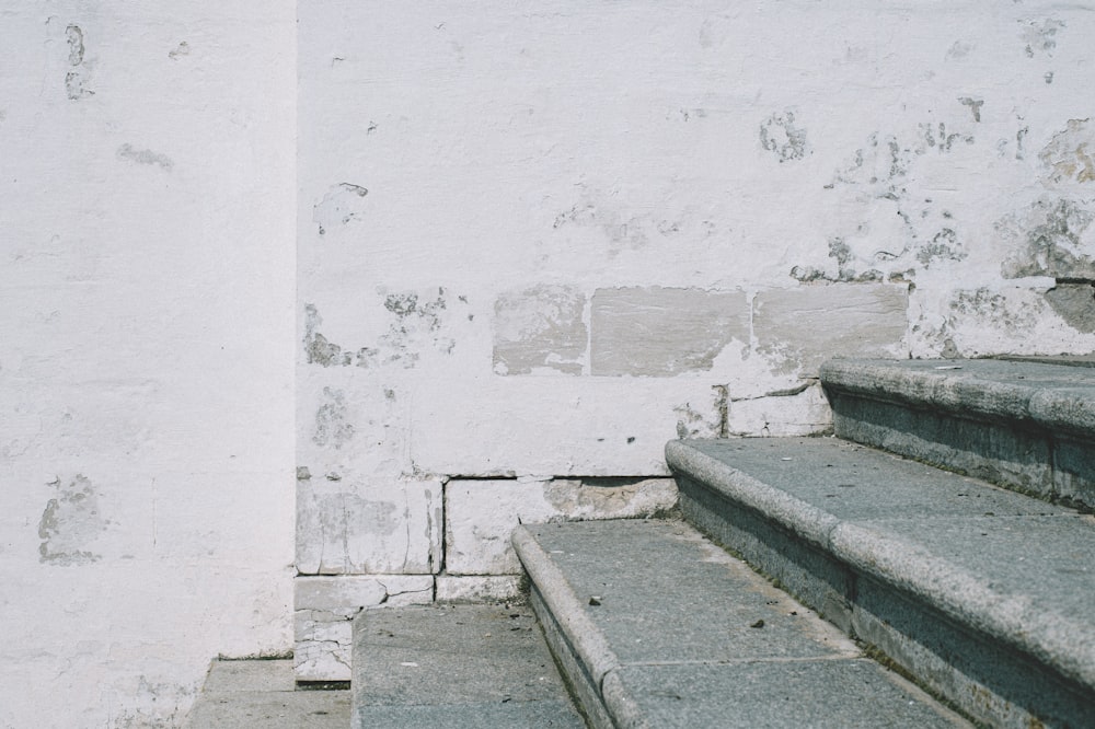 gray concrete bench beside white wall