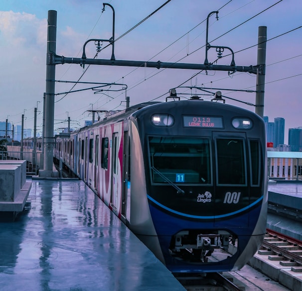 blue train on rail during daytime