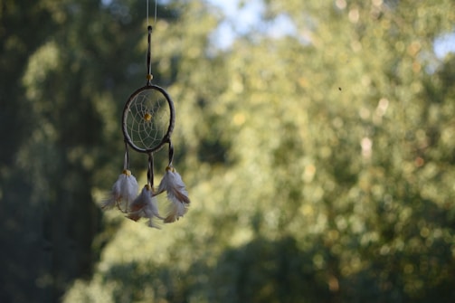 A dream catcher hangs against a blurred background of lush green foliage. The dream catcher features a circular frame with a web-like pattern in the center and three feathers dangling from its bottom.