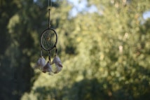 A dream catcher hangs against a blurred background of lush green foliage. The dream catcher features a circular frame with a web-like pattern in the center and three feathers dangling from its bottom.