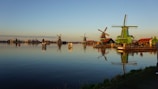 brown wooden windmill on green grass field near body of water during daytime