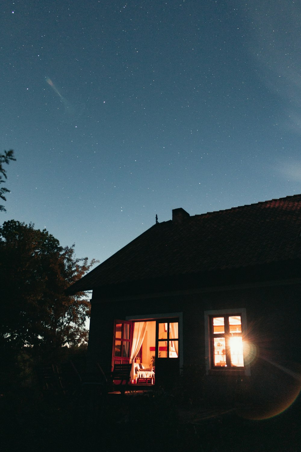 brown wooden house under blue sky during night time