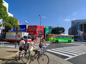 A vibrant cityscape showing diverse people using various sustainable transport modes.